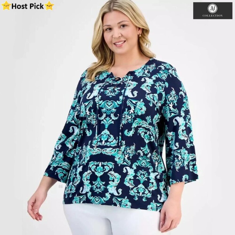JM Collection 3/4 Sleeve Paisley Turquoise Lace-Up Tunic Top 1X – NWT